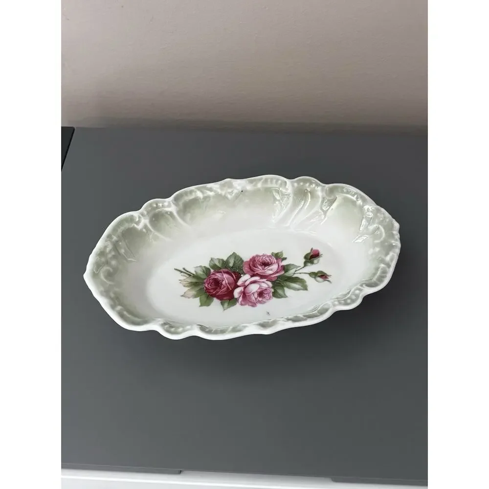Vintage Rose Trinket Dish Cottage Porcelain Germany Green Floral Romantic Ring